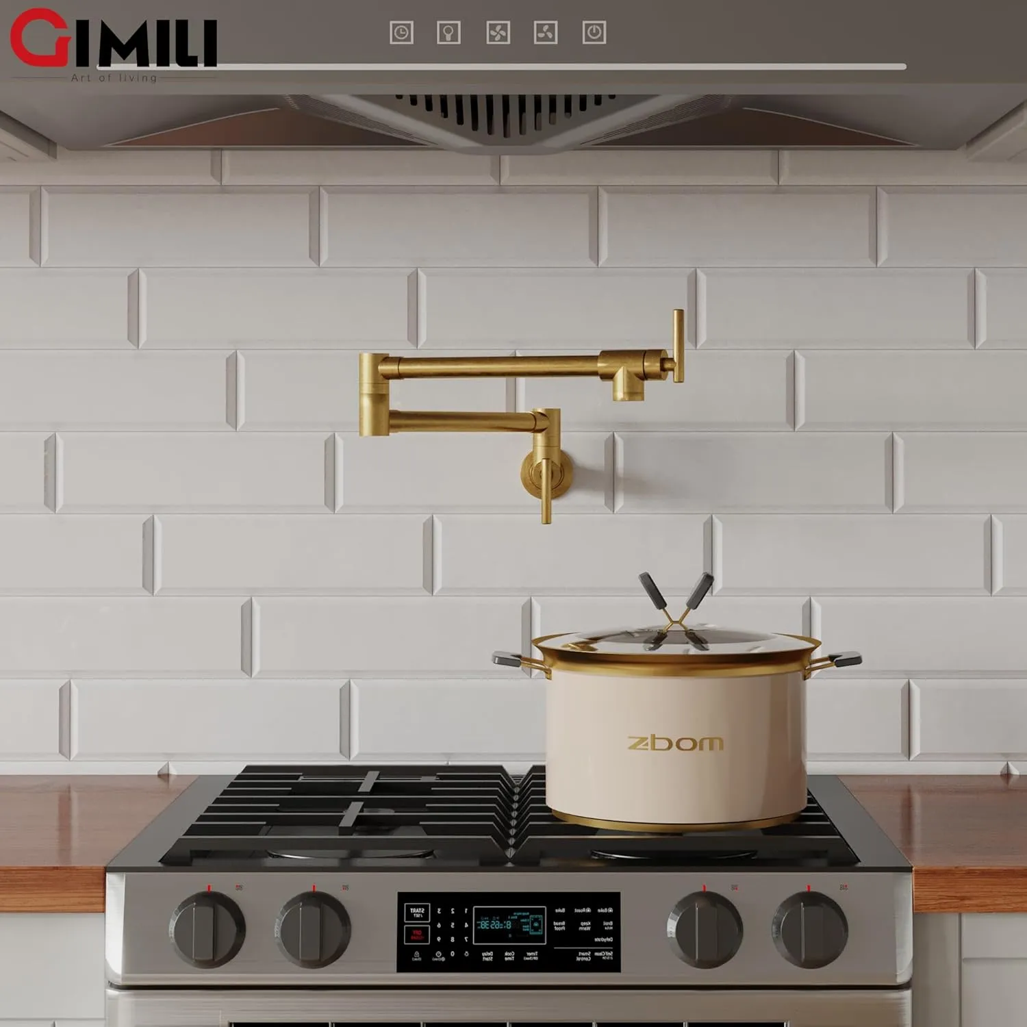 GIMILI Pot Filler Gold Commercial Wall Mount Faucet Folding Stretchable Double Joint Swing Arm Pot Filler Copper Rotatable Wall Faucet