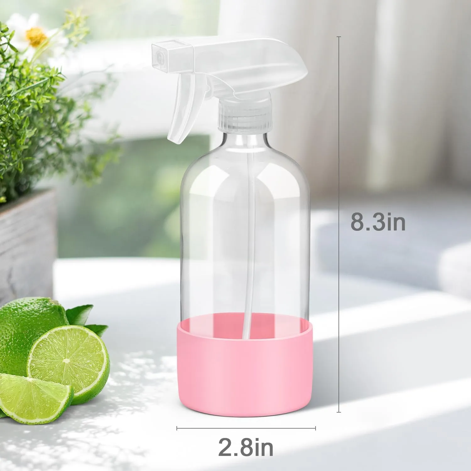 Glass Spray Bottles with Silicone Sleeve Protection, Empty 16 oz Refillable Containers, Reusable Spray Bottles with Adjustable Nozzle for Hair, Cleaning Solutions, 3 Pack Pink
