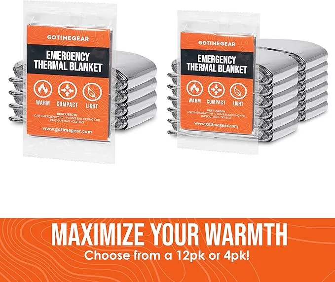 Go Time Gear Emergency Blankets for Survival (12 Pack), Mylar Emergency Survival Gear for Home, Camping, Hiking & Outdoor Survival Kits, Stay Warm, Dry, & Safe with Our Compact Space Blanket
