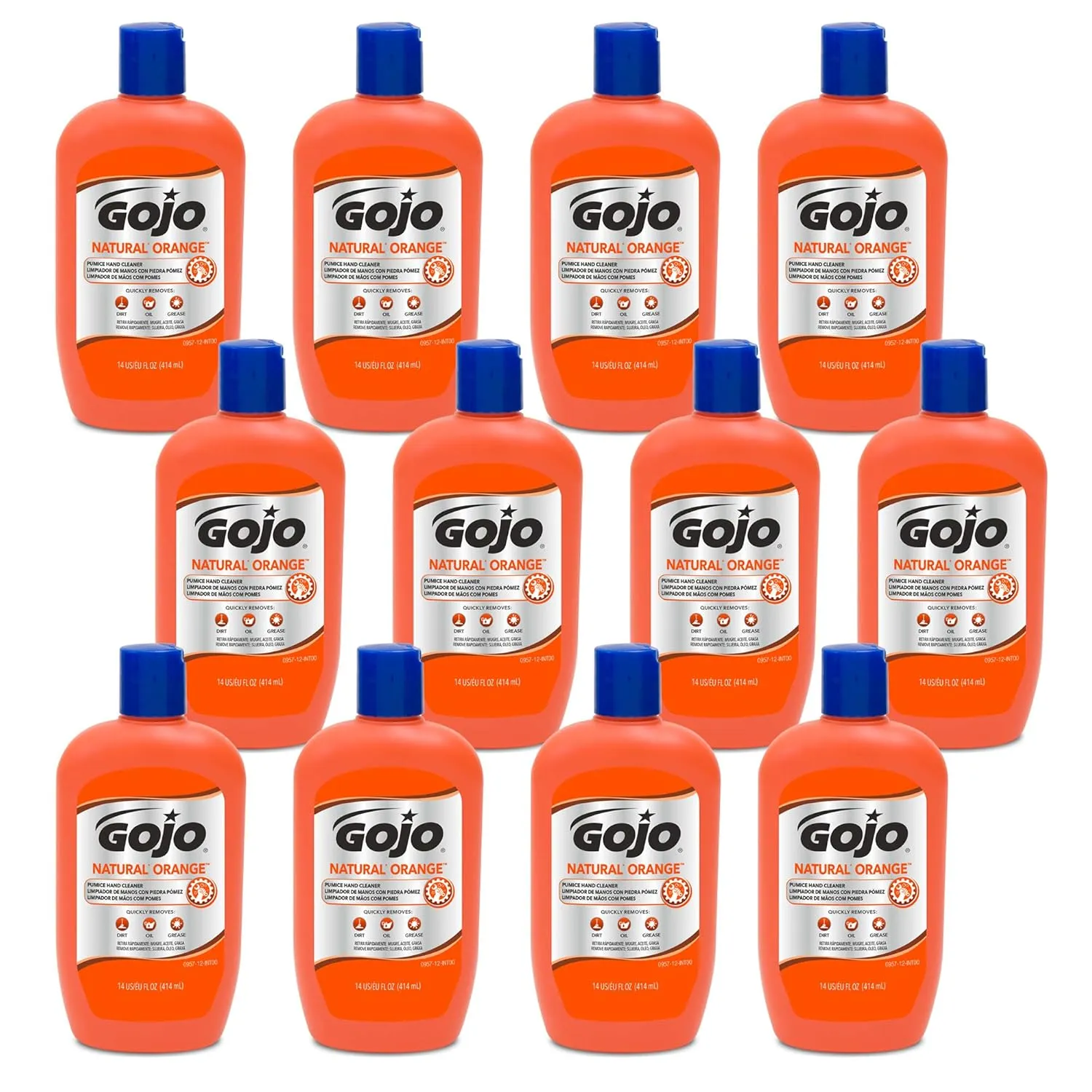 GOJO NATURAL ORANGE Pumice Hand Cleaner, 14 fl oz Quick-Acting Lotion Hand Cleaner Flip Cap Squeeze Bottle (Pack of 12) - 0957-12