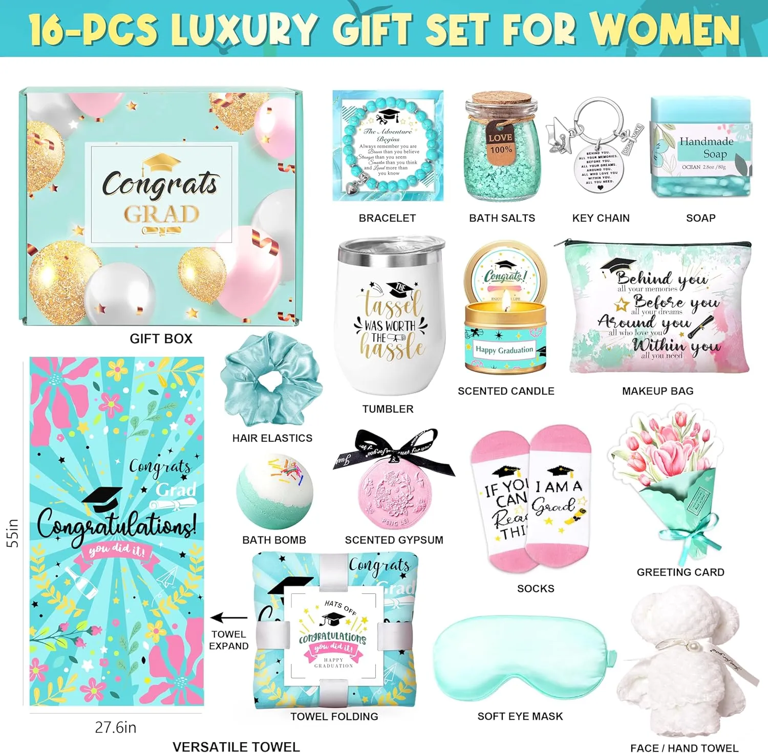 Graduation Gifts for Her 2025, College Graduation Gifts Basket Congratulations Gifts Set for Graduates Daughter Friends Nurse Insulated Tumbler Beach Towel Socks for Class of 2025