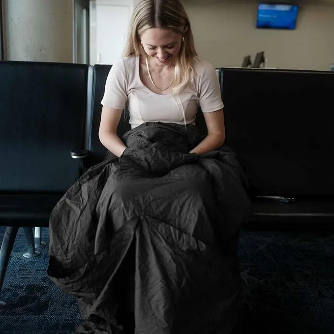 Gravel Layover Ultra-Compact Packable Down Blanket for Travel & Camping - Lightweight, Warm Travel Blanket Airplane, Car Blanket, Camping Blankets for Cold Weather - Includes Carrying Pouch (Black)