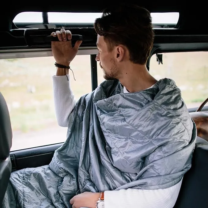 Gravel Layover Ultra-Compact Packable Down Blanket for Travel & Camping - Lightweight, Warm Travel Blanket Airplane, Car Blanket, Camping Blankets for Cold Weather - Includes Carrying Pouch (Gray)