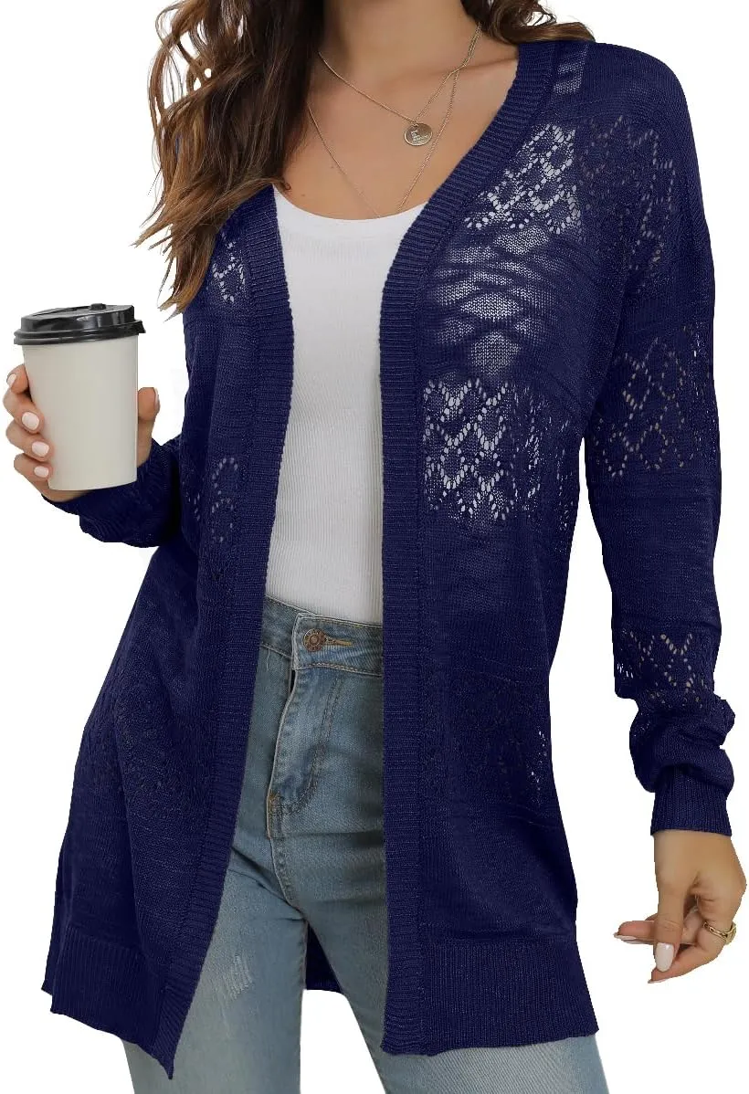 GRECERELLE Women's Lightweight Crochet Long Sleeve Loose Casual Open Front Cardigan Drape Sweaters Boho Summer Beach Coverups