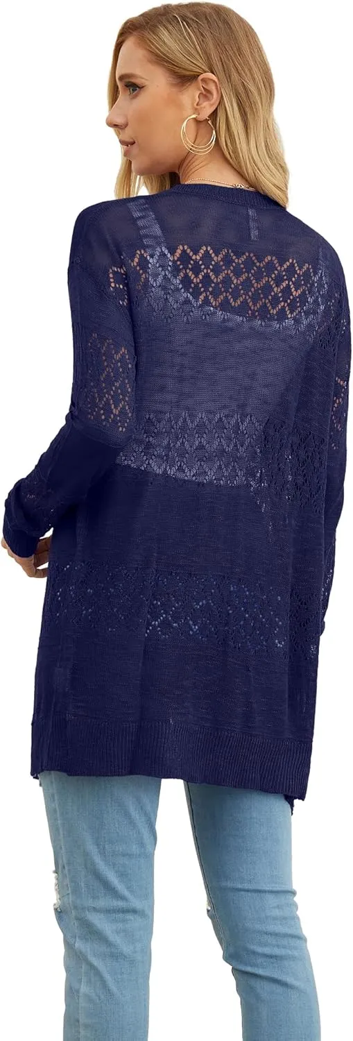 GRECERELLE Women's Lightweight Crochet Long Sleeve Loose Casual Open Front Cardigan Drape Sweaters Boho Summer Beach Coverups