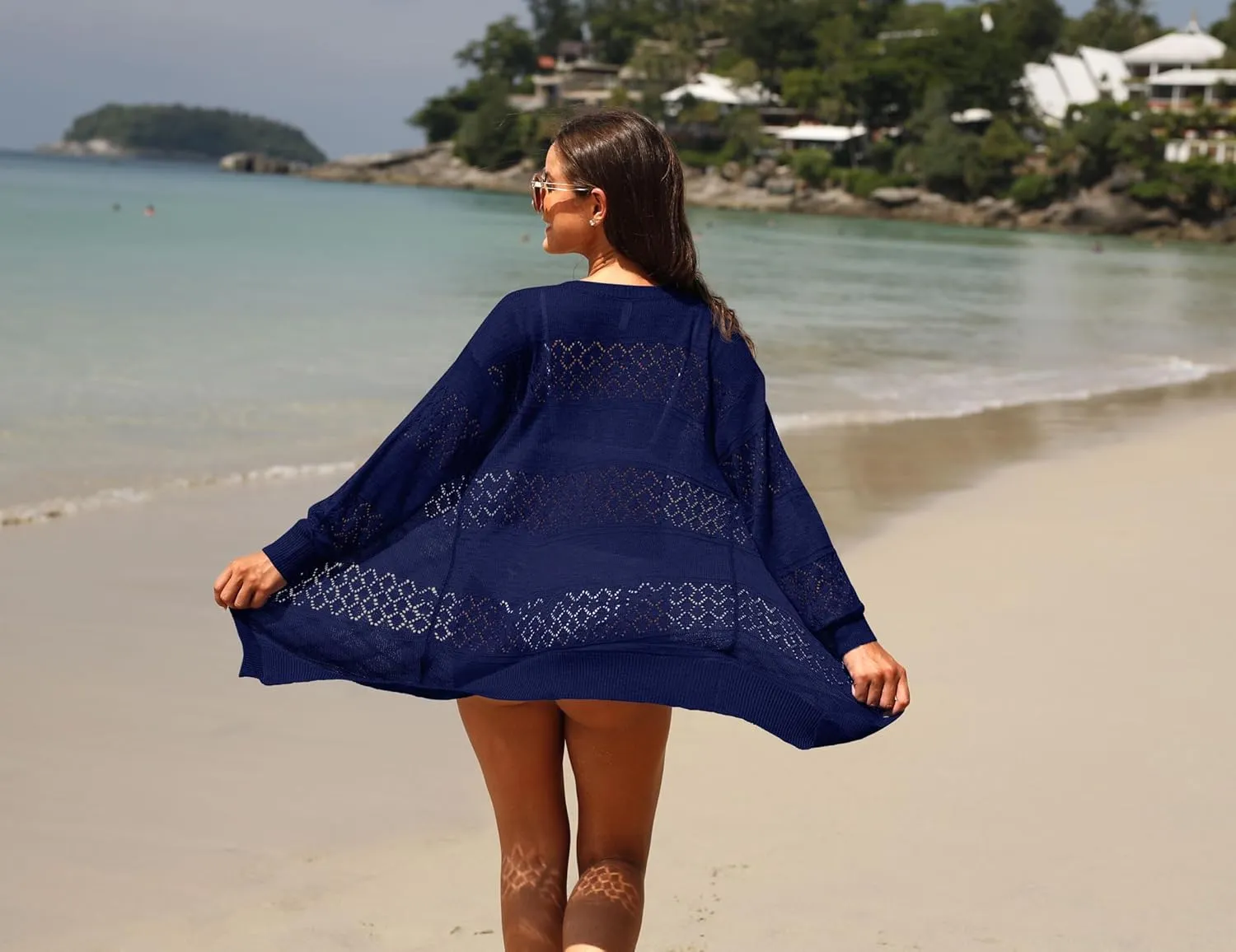 GRECERELLE Women's Lightweight Crochet Long Sleeve Loose Casual Open Front Cardigan Drape Sweaters Boho Summer Beach Coverups
