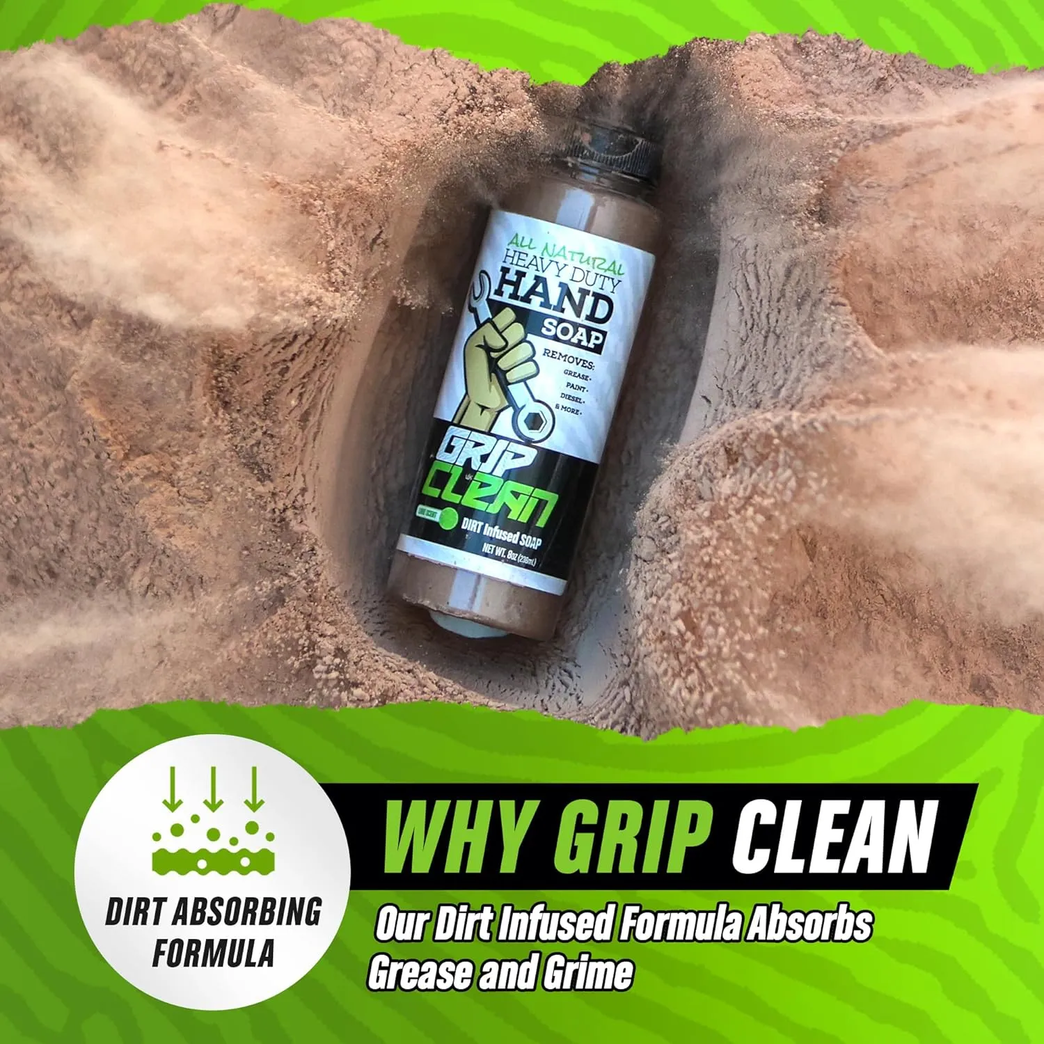 Grip Clean Squeeze Bottle & Brush Combo - Heavy-Duty Degreaser Hand Cleaner & Nail Brush Set - Tackle Grease, Oil, & Grime with Natural Pumice Soap & Nail Cleaning Scrub for Clean Hands & Nails