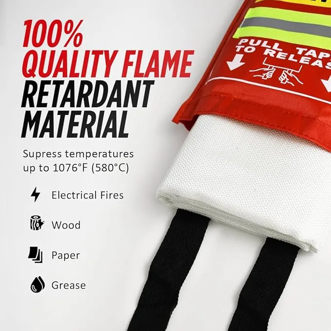 Guard Dog Security Fire Blanket with Reflective Strip & Hooks - Emergency Fire Blanket for Home and Kitchen, Fire Safety Blanket for Camping, Fireplace, Grill, BBQ, Car, Fire Retardant Blanket