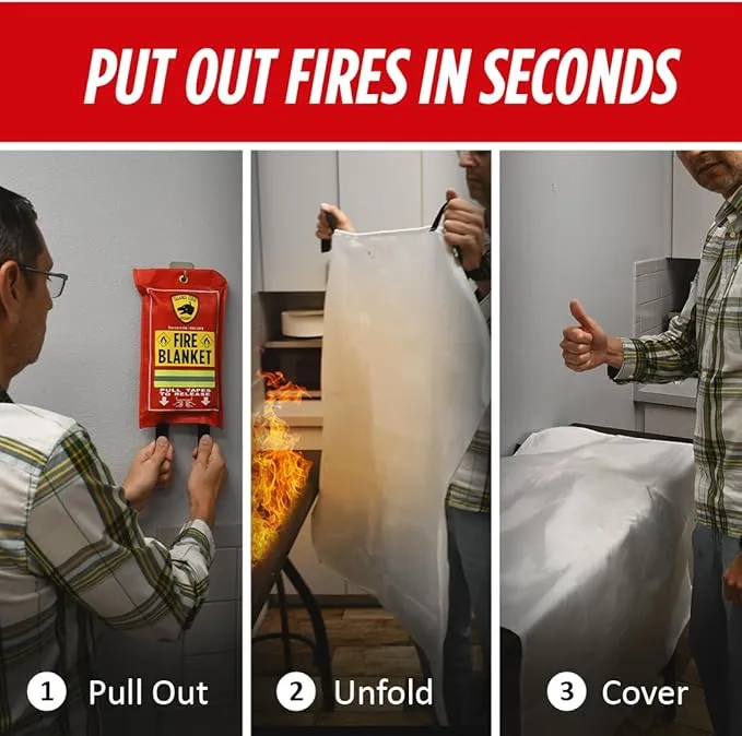 Guard Dog Security Fire Blanket with Reflective Strip & Hooks - Emergency Fire Blanket for Home and Kitchen, Fire Safety Blanket for Camping, Fireplace, Grill, BBQ, Car, Fire Retardant Blanket