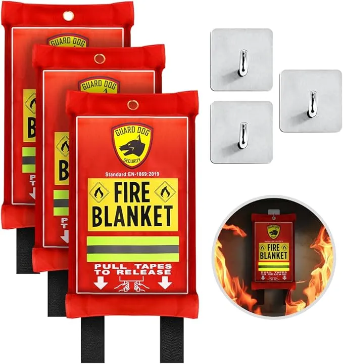 Guard Dog Security Fire Blanket with Reflective Strip & Hooks - Emergency Fire Blanket for Home and Kitchen, Fire Safety Blanket for Camping, Fireplace, Grill, BBQ, Car, Fire Retardant Blanket