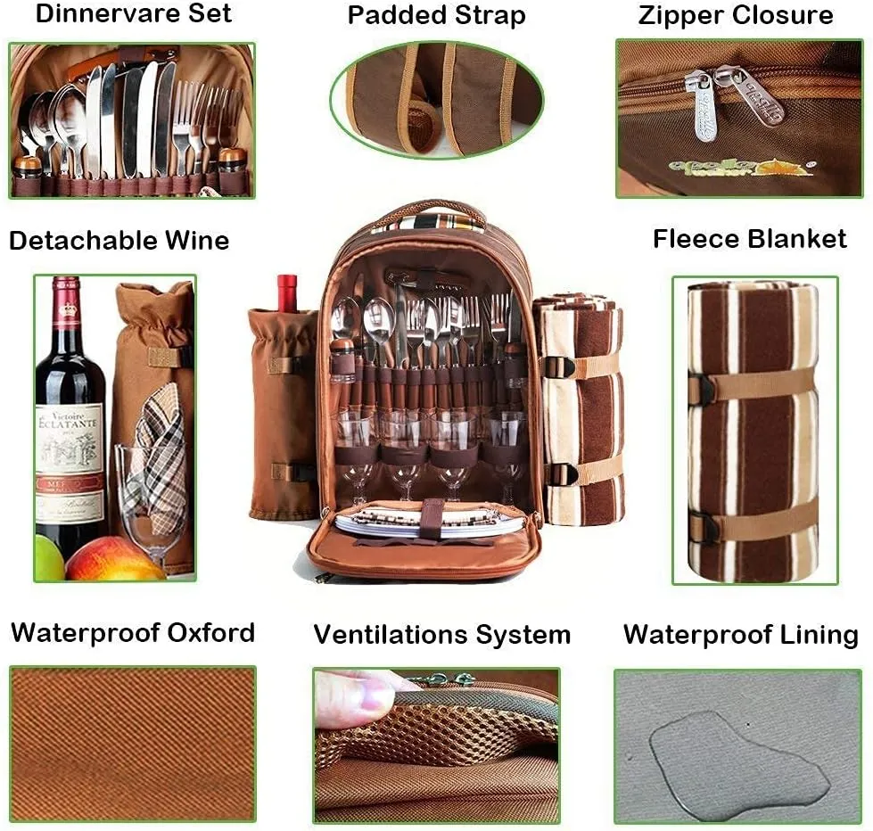 Hap Tim Picnic Backpack Bag for 4 Person with Cooler Compartment, Detachable Bottle/Wine Holder, Fleece Blanket, Plates and Cutlery Set Perfect for Outdoor, Sports, Hiking, Camping, BBQs(Coffee)