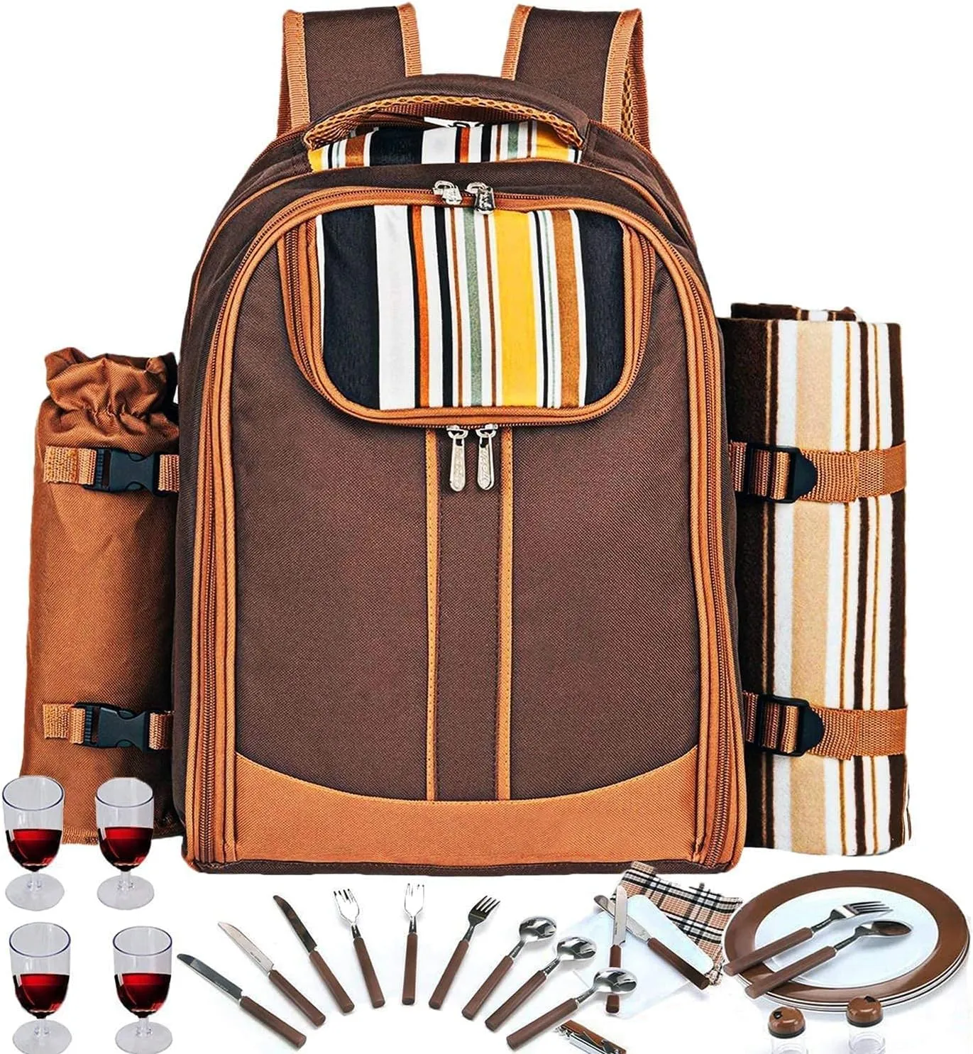 Hap Tim Picnic Backpack Bag for 4 Person with Cooler Compartment, Detachable Bottle/Wine Holder, Fleece Blanket, Plates and Cutlery Set Perfect for Outdoor, Sports, Hiking, Camping, BBQs(Coffee)