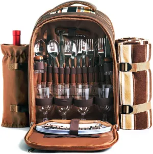 Hap Tim Picnic Backpack Bag for 4 Person with Cooler Compartment, Detachable Bottle/Wine Holder, Fleece Blanket, Plates and Cutlery Set Perfect for Outdoor, Sports, Hiking, Camping, BBQs(Coffee)