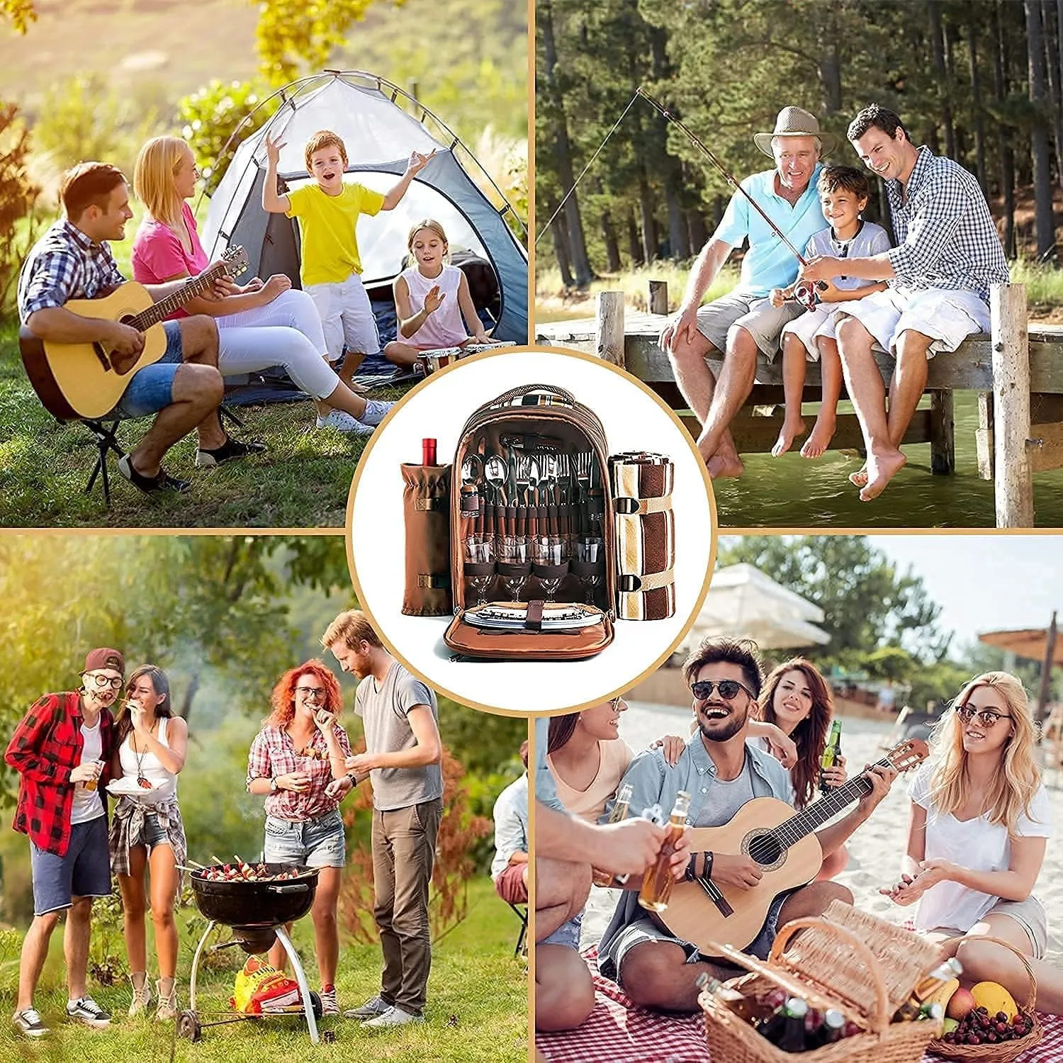 Hap Tim Picnic Backpack Bag for 4 Person with Cooler Compartment, Detachable Bottle/Wine Holder, Fleece Blanket, Plates and Cutlery Set Perfect for Outdoor, Sports, Hiking, Camping, BBQs(Coffee)