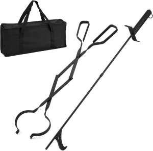 Heavy Duty Fireplace Fire Pit Campfire Bonfire Fire Tong and 32 inch Long Fire Poker Set with Traveling bag, firewood Grabber Tool for Wood-Burning for Solo Firepit Indoor and Outdoor use