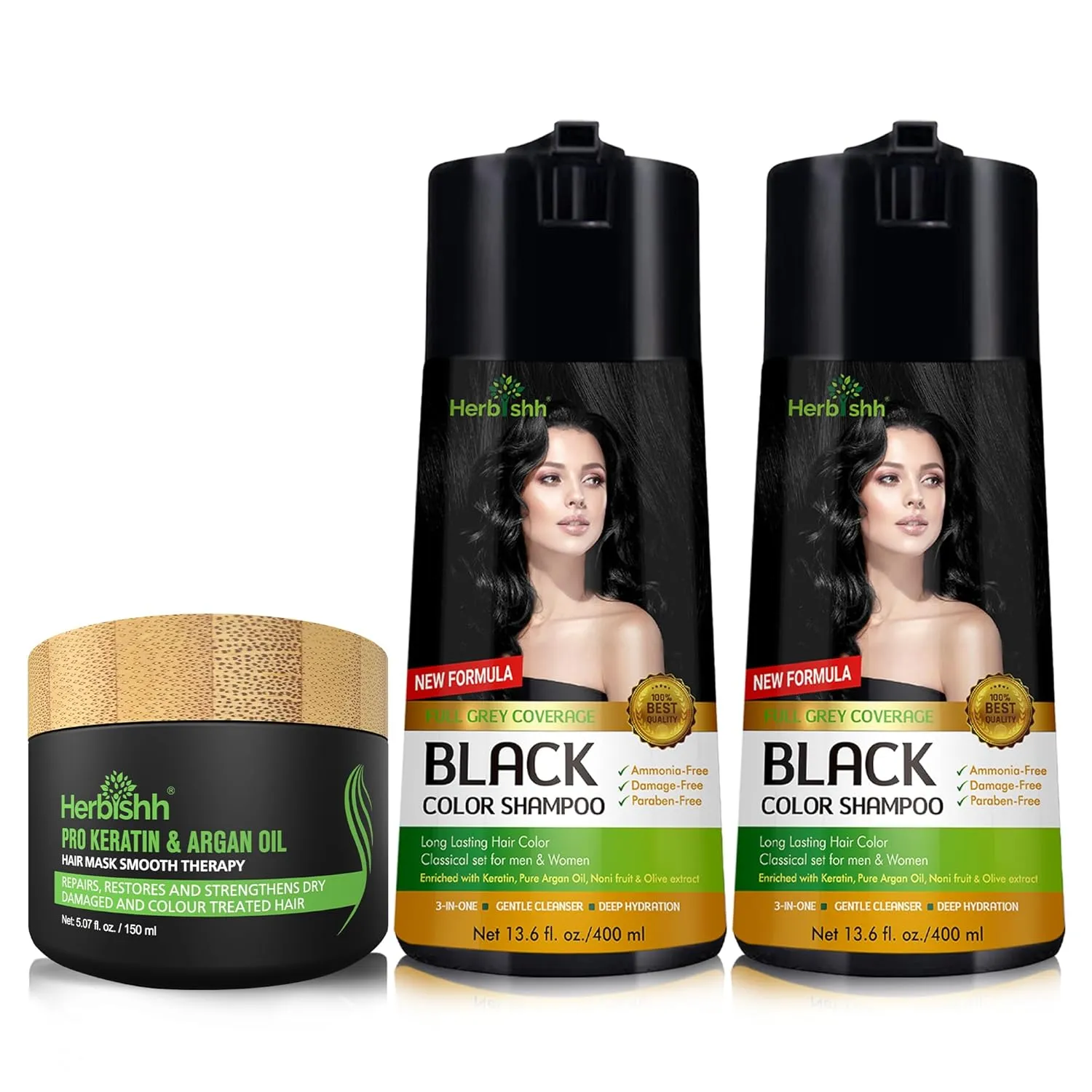 Herbishh C2 Combo (Color   Condition) with Hair Color Shampoo Black Pack of 2 (400ml)   Hair Mask 150gm - Hair Dye Shampoo for Grey Hair | Gift Set for Parents, Men and Women |