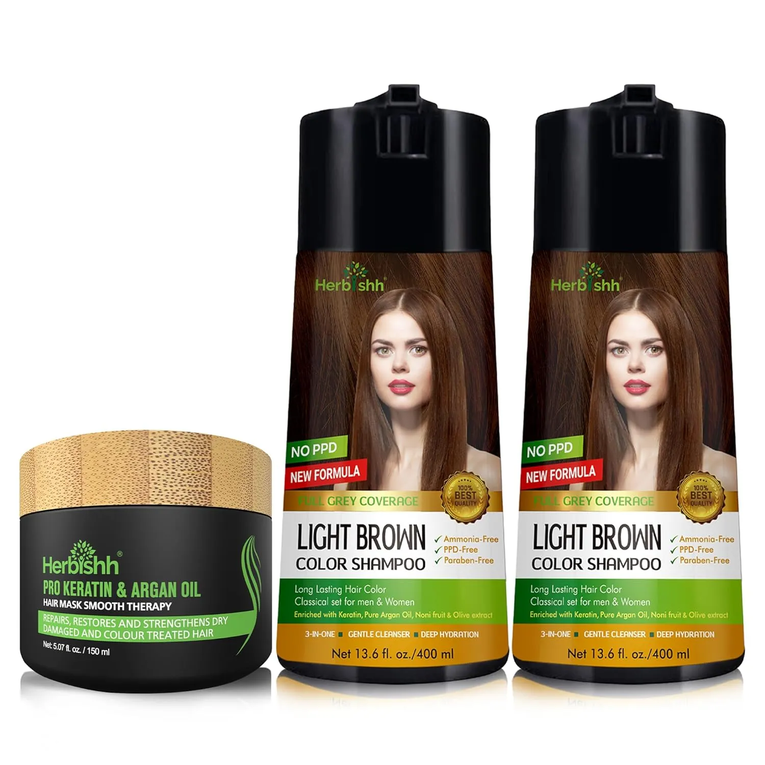 Herbishh C2 Combo (Color   Condition) with Light Brown Hair Color Shampoo Pack of 2 (400ml)   Hair Mask 150gm - Hair Dye Shampoo for Grey Hair | Gift Set for Parents, Men and Women |