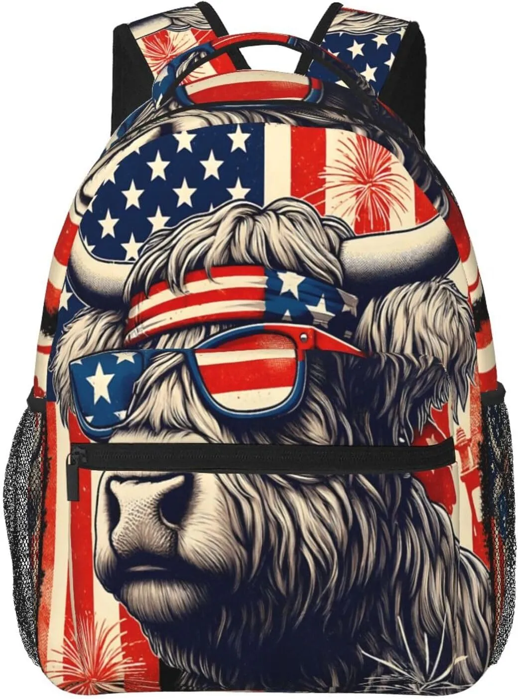 Highland Cow American Flag Wear Glasses Backpack Lightweight Laptop Backpack Casual Daypack Travel Double Shoulder Bag For Women Men