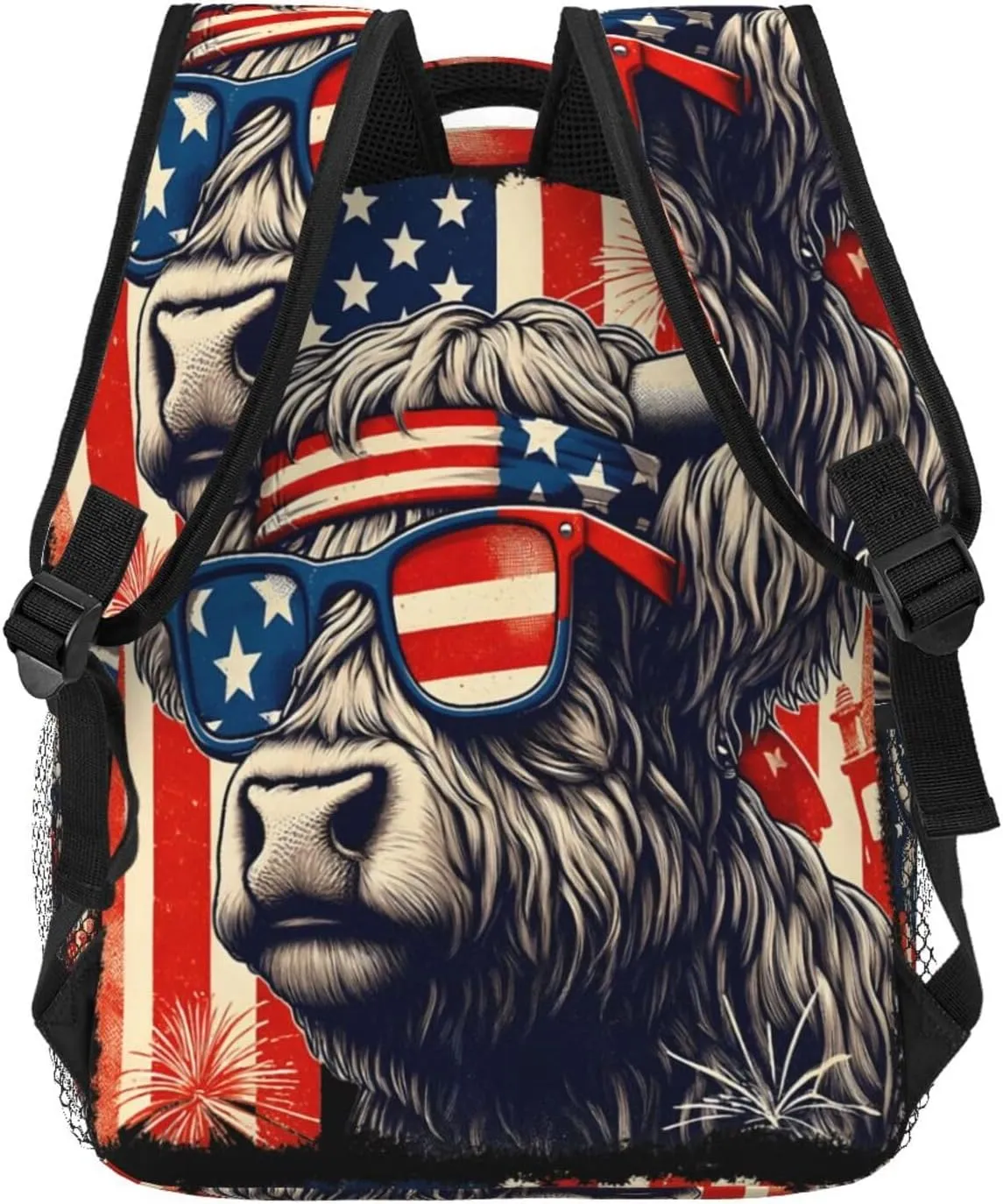 Highland Cow American Flag Wear Glasses Backpack Lightweight Laptop Backpack Casual Daypack Travel Double Shoulder Bag For Women Men