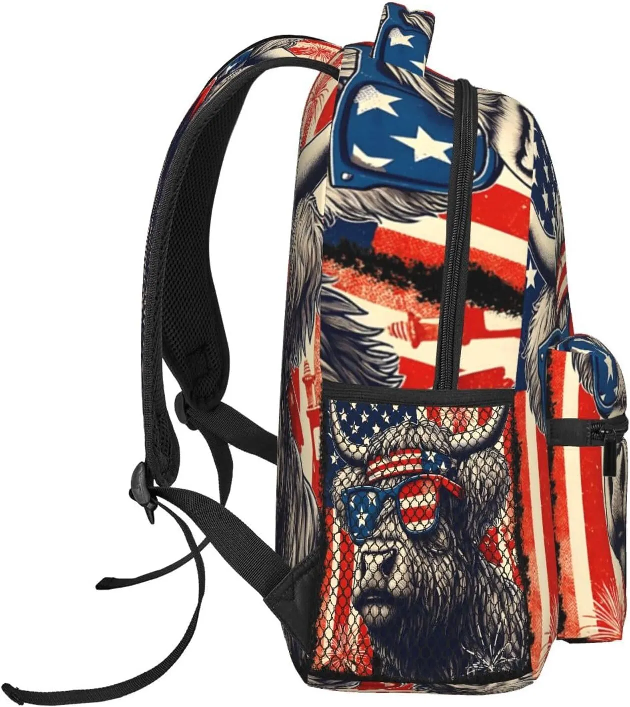 Highland Cow American Flag Wear Glasses Backpack Lightweight Laptop Backpack Casual Daypack Travel Double Shoulder Bag For Women Men