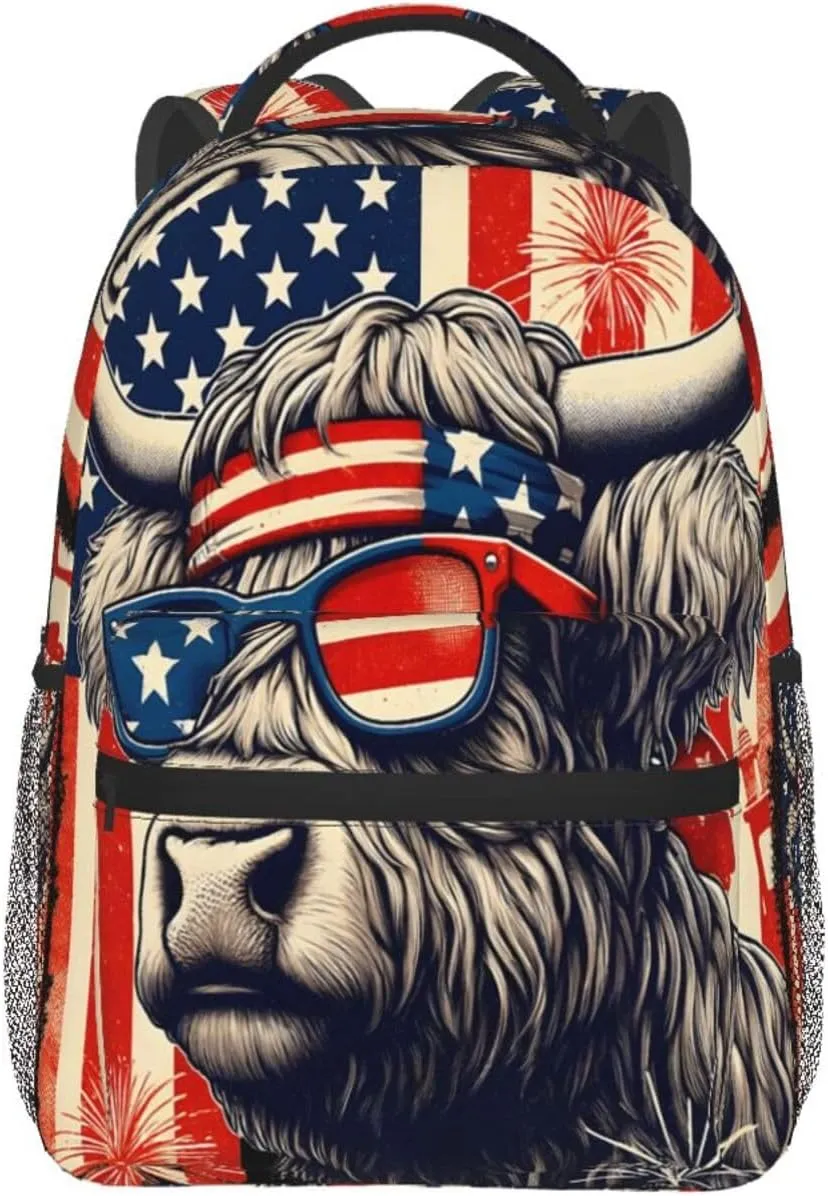 Highland Cow American Flag Wear Glasses Backpack Lightweight Laptop Backpack Casual Daypack Travel Double Shoulder Bag For Women Men