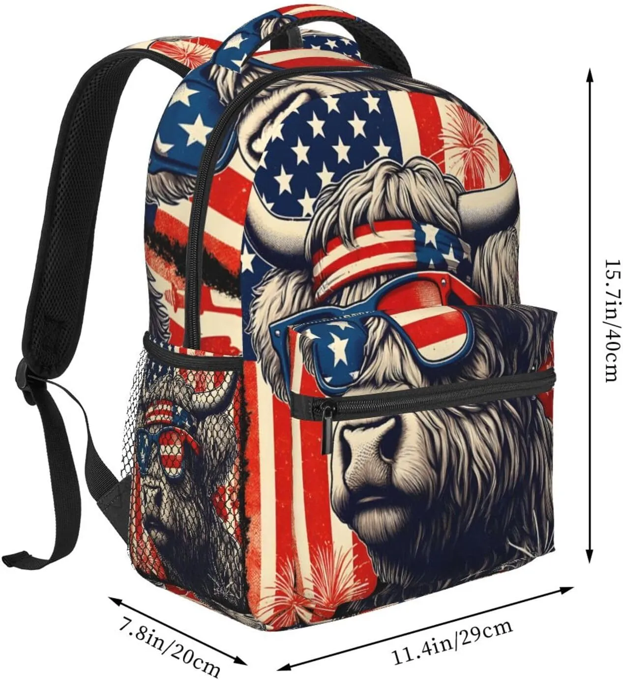 Highland Cow American Flag Wear Glasses Backpack Lightweight Laptop Backpack Casual Daypack Travel Double Shoulder Bag For Women Men