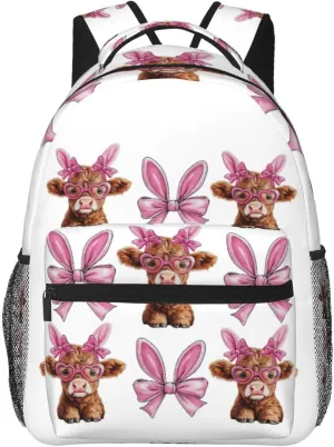 Highland Cow and Bunny Bow Backpack Lightweight Laptop Backpack Casual Daypack Travel Double Shoulder Bag For Women Men