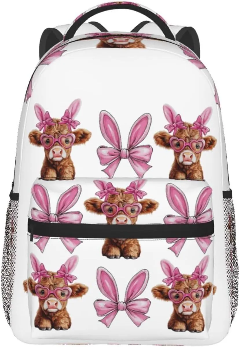 Highland Cow and Bunny Bow Backpack Lightweight Laptop Backpack Casual Daypack Travel Double Shoulder Bag For Women Men