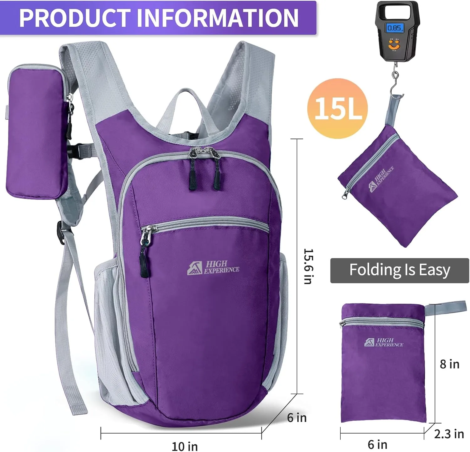 Hiking Backpack 10L/15L Small Daypack Lightweight Packable Travel Foldable Water Resistan for Women Men (Deep Purple, 15L)