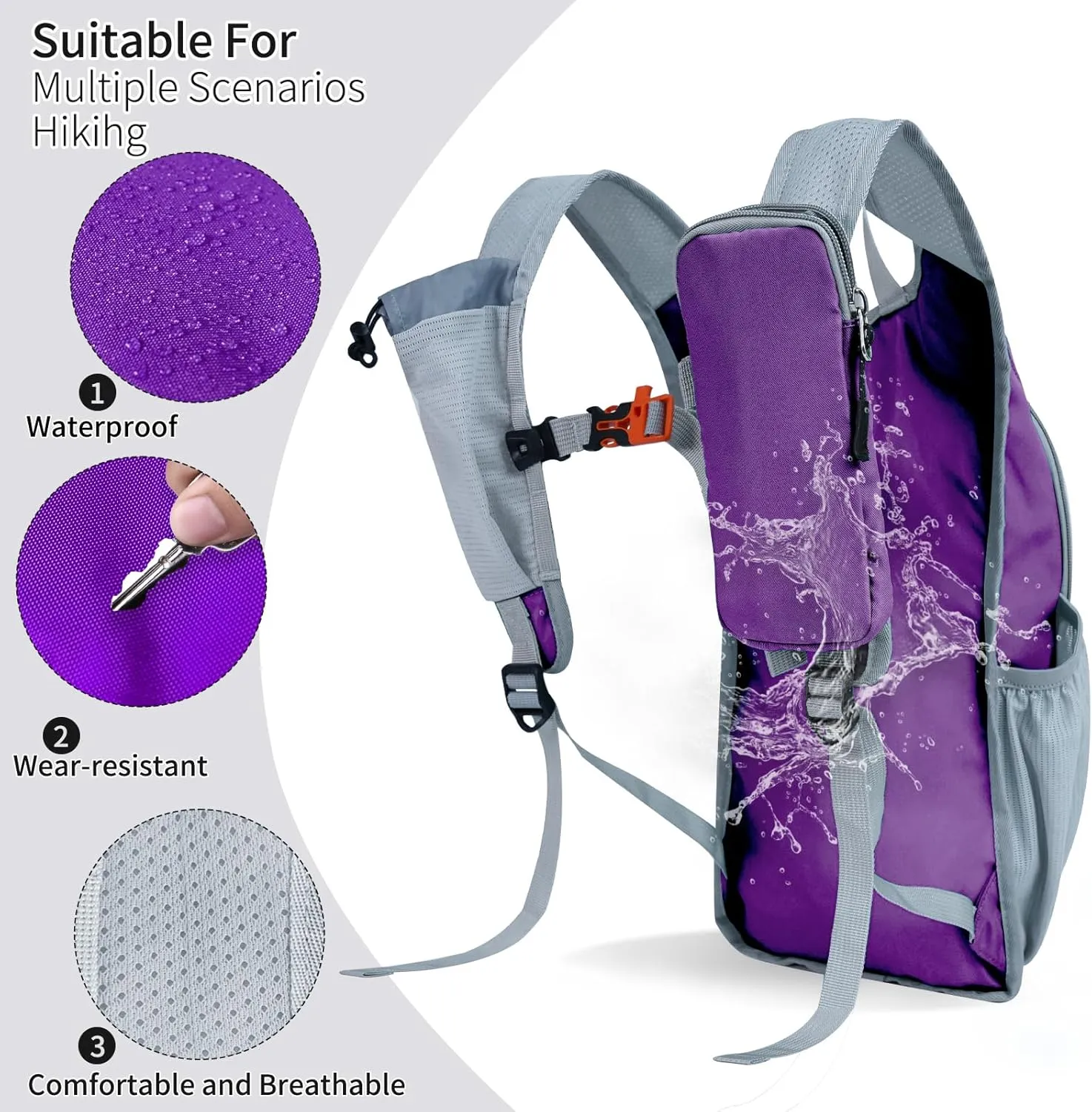 Hiking Backpack 10L/15L Small Daypack Lightweight Packable Travel Foldable Water Resistan for Women Men (Deep Purple, 15L)