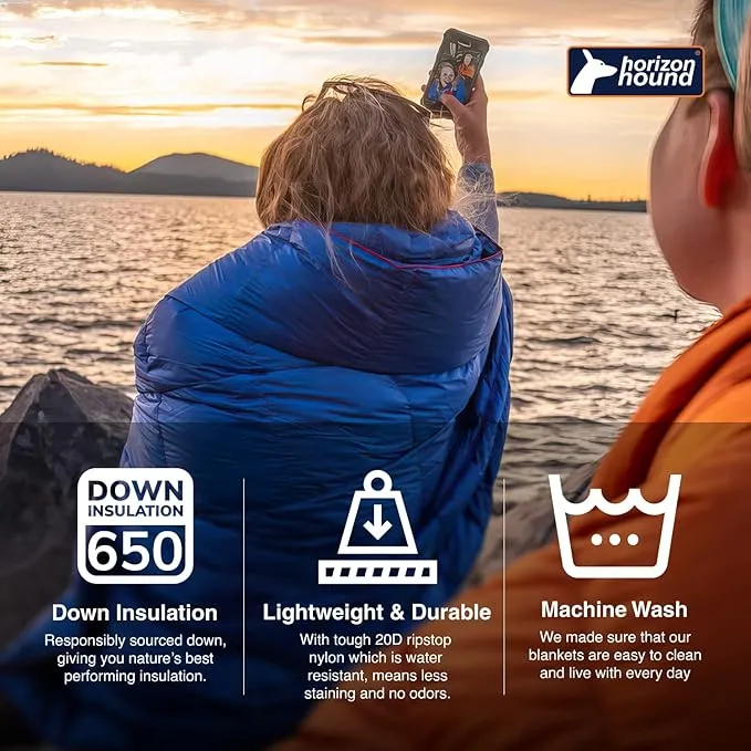Horizon Hound Down Camping Blanket - Outdoor Travel Blanket | Sustainable Insulated Down | Lightweight & Warm Quilt for Camping, Stadium, Hiking & Festival | Water Resistant, Packable & Compact