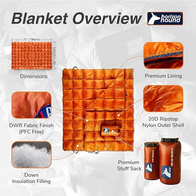 Horizon Hound Down Camping Blanket - Outdoor Travel Blanket | Sustainable Insulated Down | Lightweight & Warm Quilt for Camping, Stadium, Hiking & Festival | Water Resistant, Packable & Compact