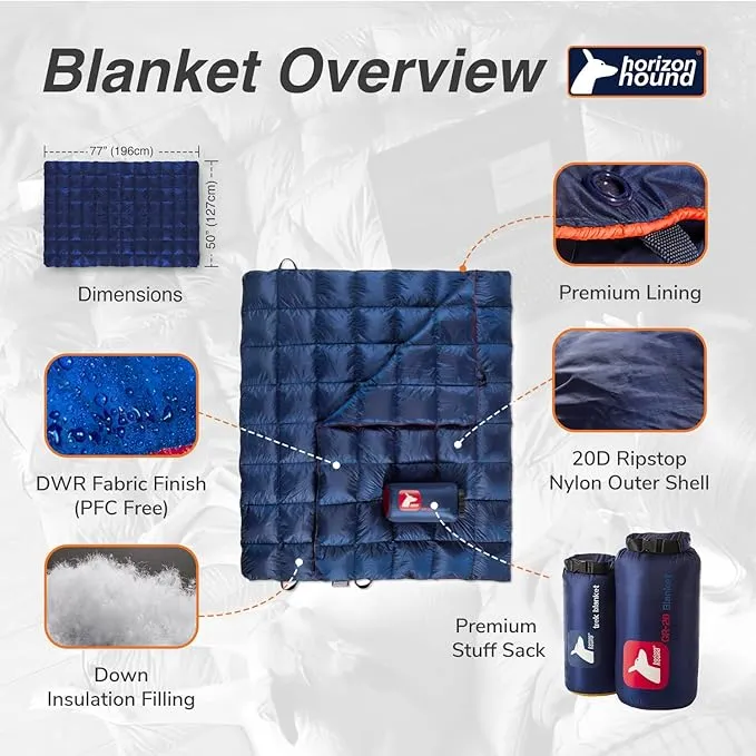 Horizon Hound Down Camping Blanket - Outdoor Travel Blanket | Sustainable Insulated Down | Lightweight & Warm Quilt for Camping, Stadium, Hiking & Festival | Water Resistant, Packable & Compact