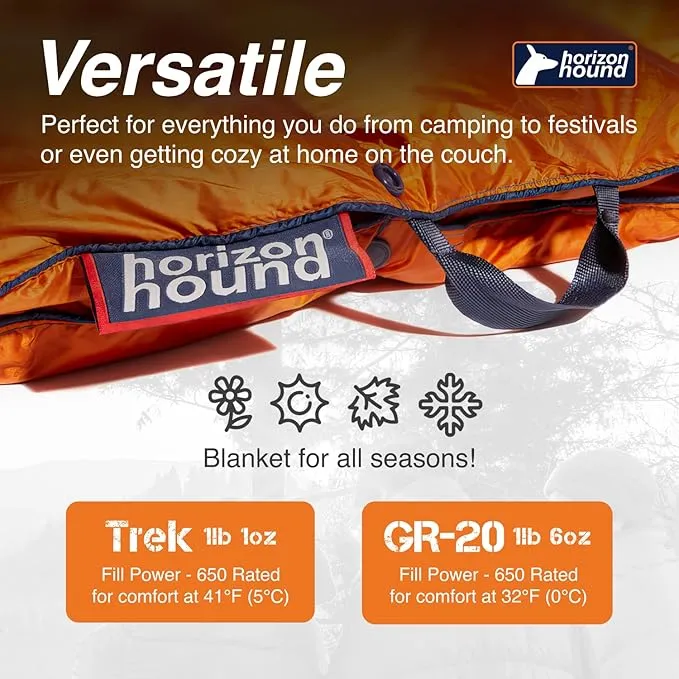 Horizon Hound Down Camping Blanket - Outdoor Travel Blanket | Sustainable Insulated Down | Lightweight & Warm Quilt for Camping, Stadium, Hiking & Festival | Water Resistant, Packable & Compact