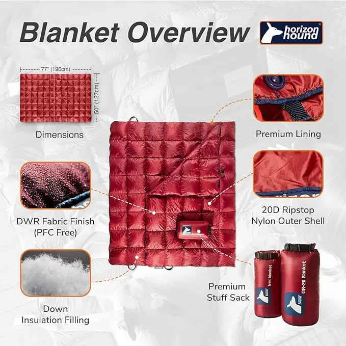 Horizon Hound Down Camping Blanket - Outdoor Travel Blanket | Sustainable Insulated Down | Lightweight & Warm Quilt for Camping, Stadium, Hiking & Festival | Water Resistant, Packable & Compact