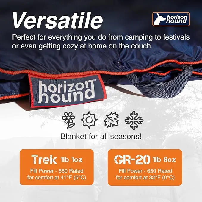 Horizon Hound Down Camping Blanket - Outdoor Travel Blanket | Sustainable Insulated Down | Lightweight & Warm Quilt for Camping, Stadium, Hiking & Festival | Water Resistant, Packable & Compact