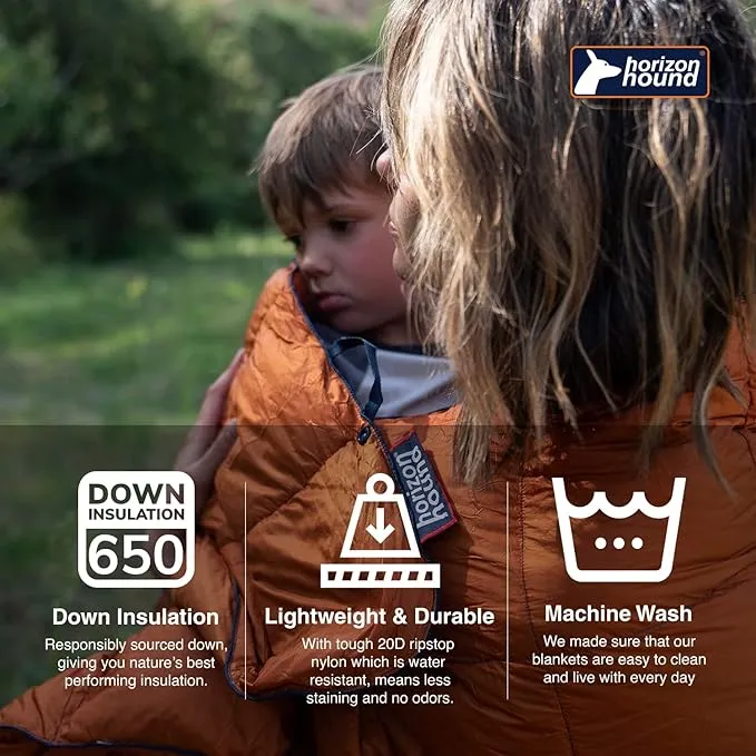Horizon Hound Down Camping Blanket - Outdoor Travel Blanket | Sustainable Insulated Down | Lightweight & Warm Quilt for Camping, Stadium, Hiking & Festival | Water Resistant, Packable & Compact