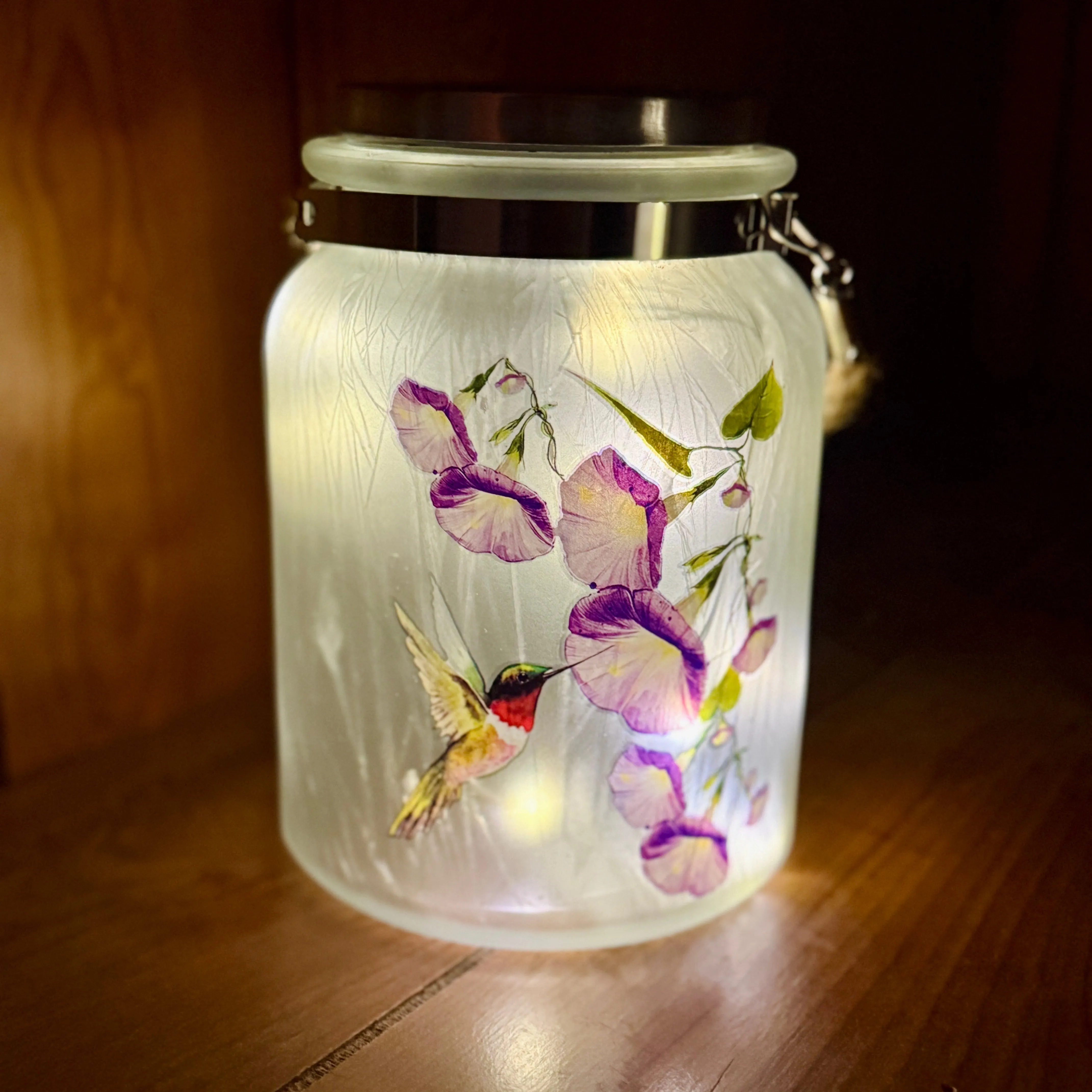 Hummingbird Solar Glass Jar Lantern w/ 30" Stake