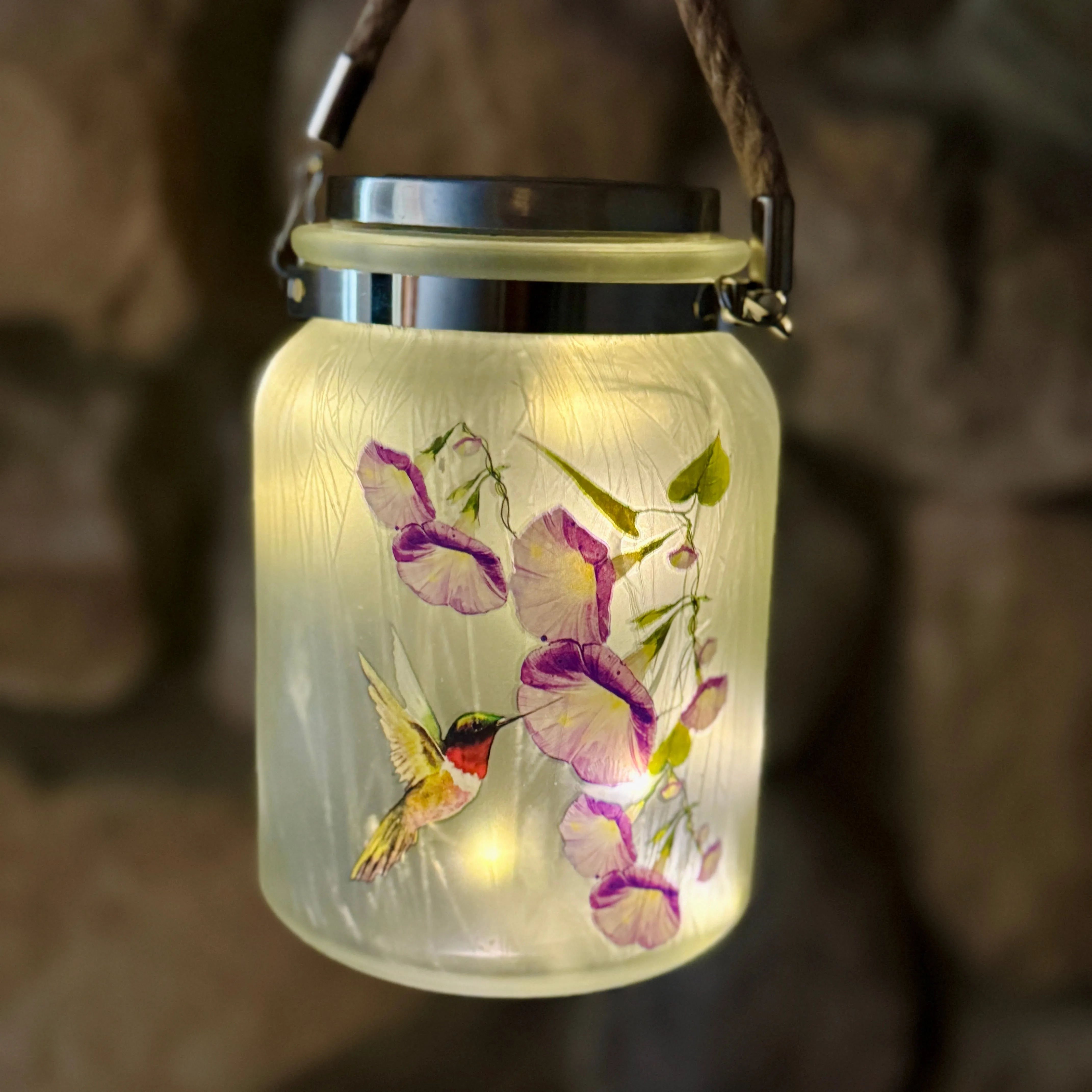 Hummingbird Solar Glass Jar Lantern w/ 30" Stake
