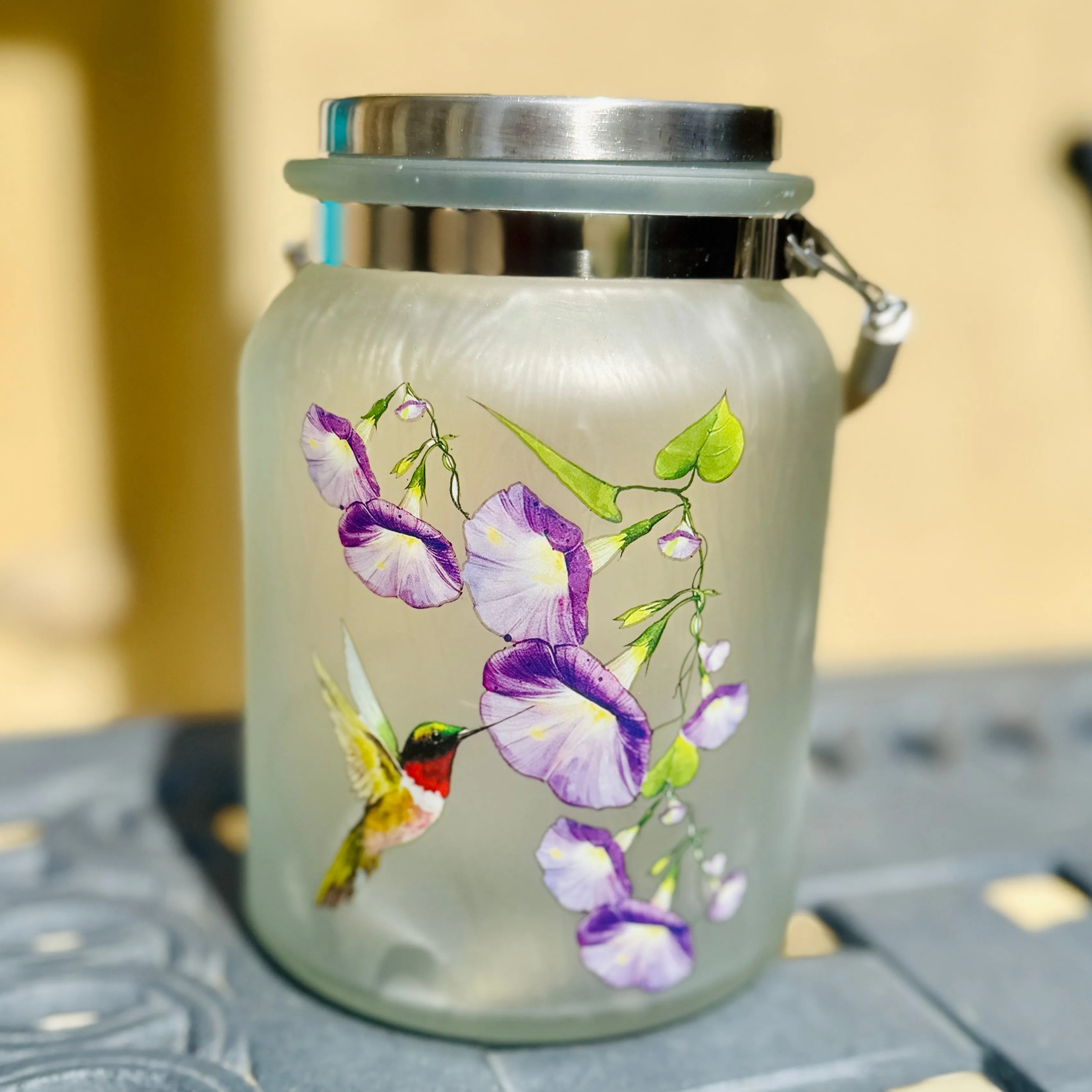 Hummingbird Solar Glass Jar Lantern w/ 30" Stake