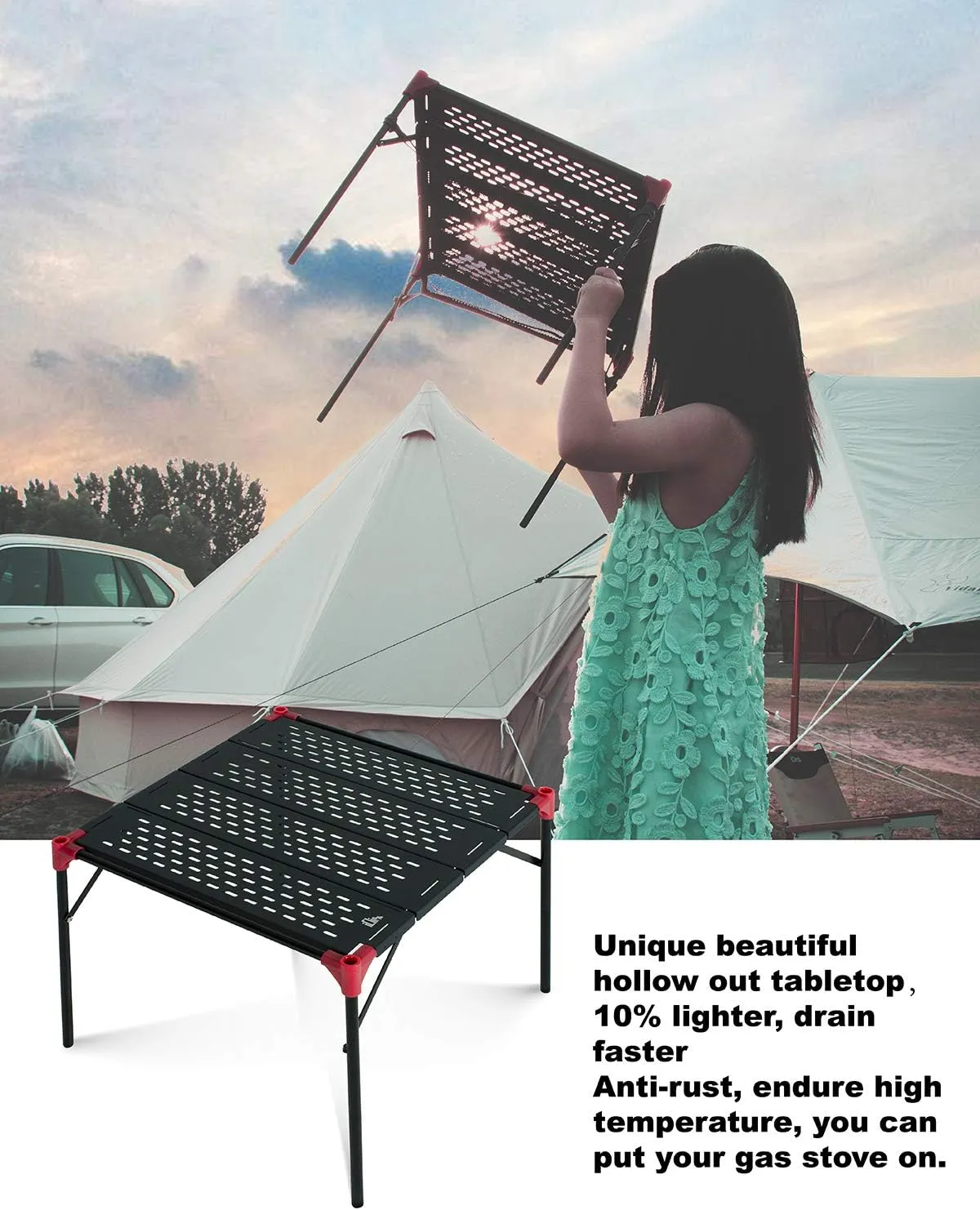 iClimb Extendable Folding Table Large Tabletop Area Ultralight Compact with Hollow Out Tabletop for Camping Backpacking Beach Concert BBQ Party, Three Size (Black - L   Hanger)