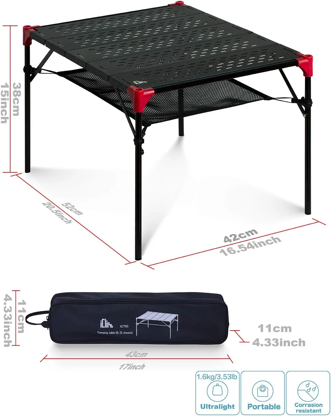 iClimb Extendable Folding Table Large Tabletop Area Ultralight Compact with Hollow Out Tabletop for Camping Backpacking Beach Concert BBQ Party, Three Size (Black - L   Hanger)