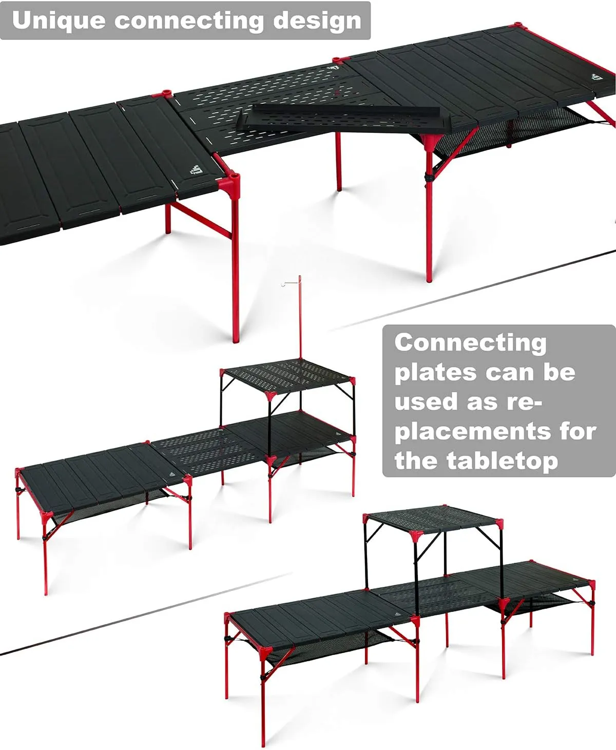 iClimb Extendable Folding Table Large Tabletop Area Ultralight Compact with Hollow Out Tabletop for Camping Backpacking Beach Concert BBQ Party, Three Size (Black - L   Hanger)