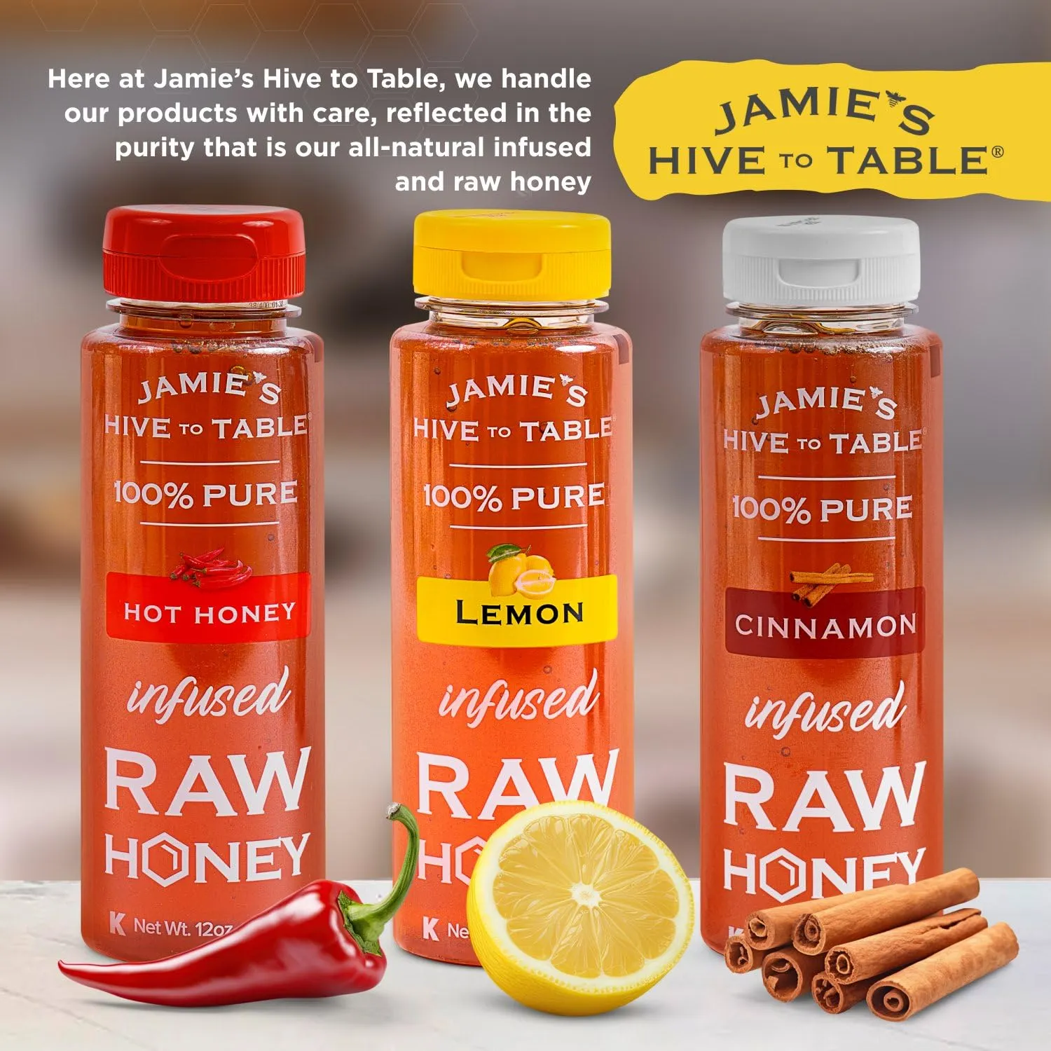 Jamie's Hive to Table Infused Honey Gift Set – Hot, Lemon, and Cinnamon Flavors, 36 Oz, Pack of 3 Squeeze Bottles – 100% American Natural Raw Honey