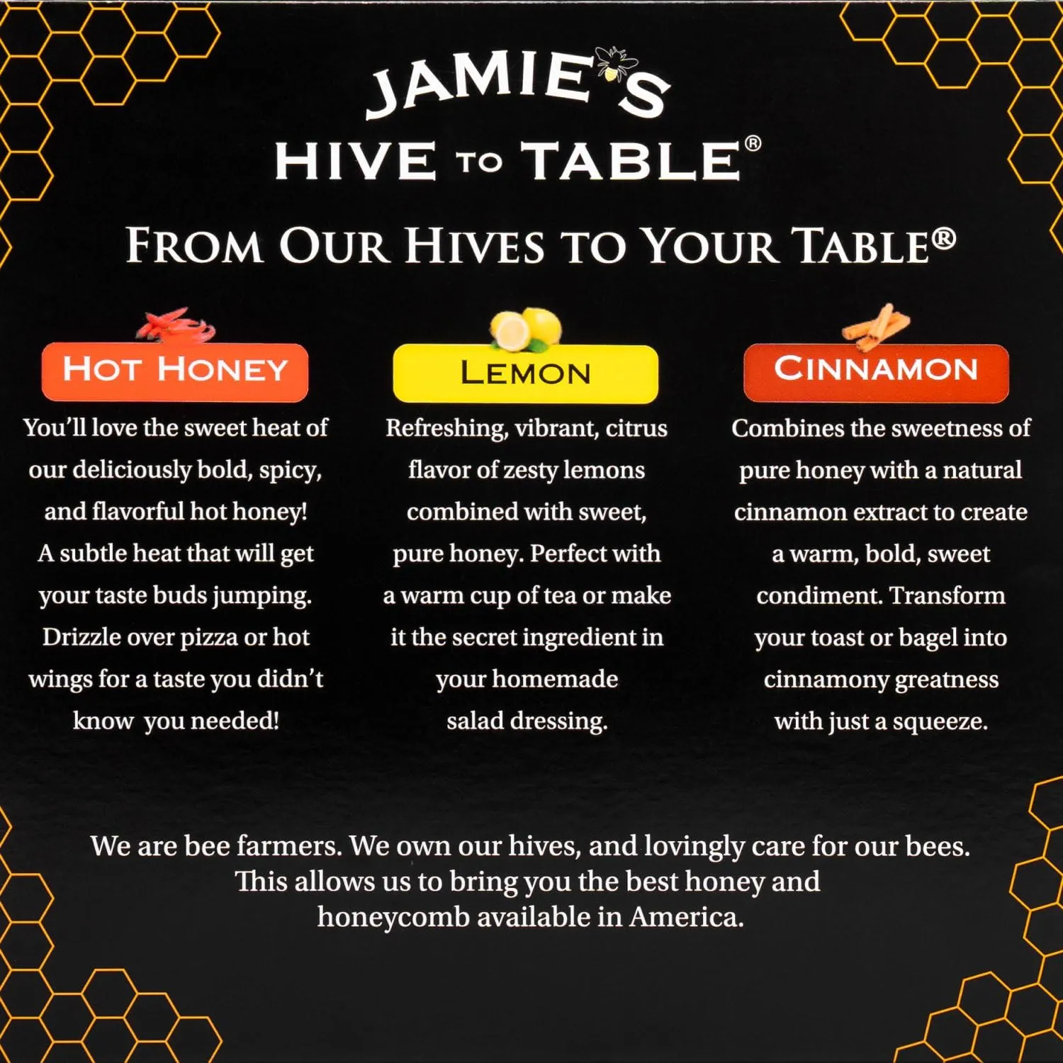 Jamie's Hive to Table Infused Honey Gift Set – Hot, Lemon, and Cinnamon Flavors, 36 Oz, Pack of 3 Squeeze Bottles – 100% American Natural Raw Honey