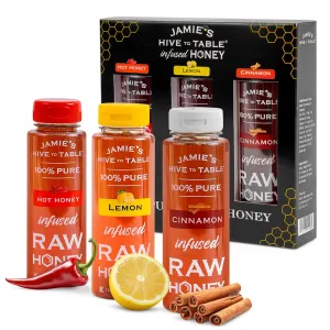 Jamie's Hive to Table Infused Honey Gift Set – Hot, Lemon, and Cinnamon Flavors, 36 Oz, Pack of 3 Squeeze Bottles – 100% American Natural Raw Honey