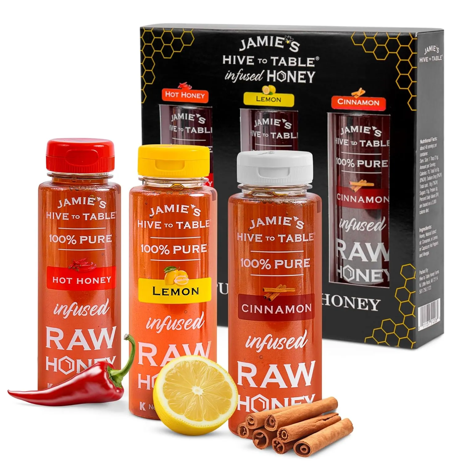 Jamie's Hive to Table Infused Honey Gift Set – Hot, Lemon, and Cinnamon Flavors, 36 Oz, Pack of 3 Squeeze Bottles – 100% American Natural Raw Honey