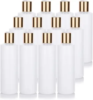 JUVITUS 8 oz Clear Natural Refillable Plastic Squeeze Bottle with Gold Metal Disc Cap (12 Pack)