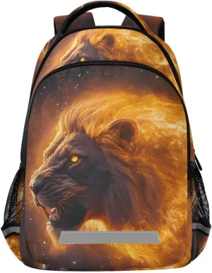 Kids School Backpack-Flaming Lion Galaxy for Boys Girls Ages 6-12, Lightweight Bookbag with Padded Straps Reflective Stripes Daypack for Travel Hiking Study
