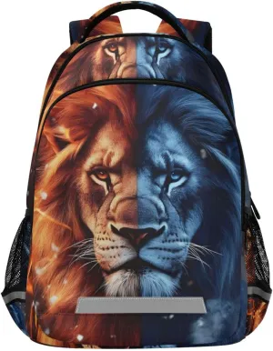 Kids School Backpack-Flaming Lion Red Blue for Boys Girls Ages 6-12, Lightweight Bookbag with Padded Straps Reflective Stripes Daypack for Travel Hiking Study